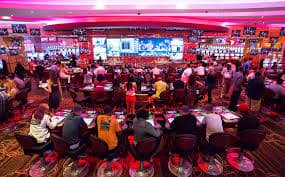 Live casino dealer presenting cards in online casino table